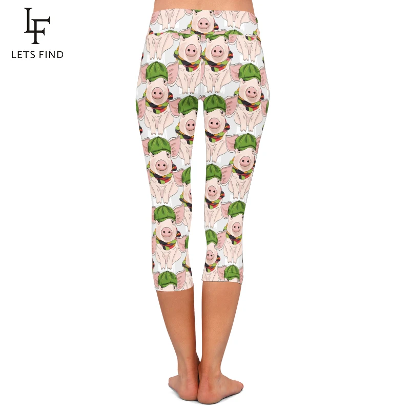 LETSFIND 3D Cartoon Pig Digital Printing Pants High Waist  Elastic Women Fitness Mid-Calf Casual Leggings Summer