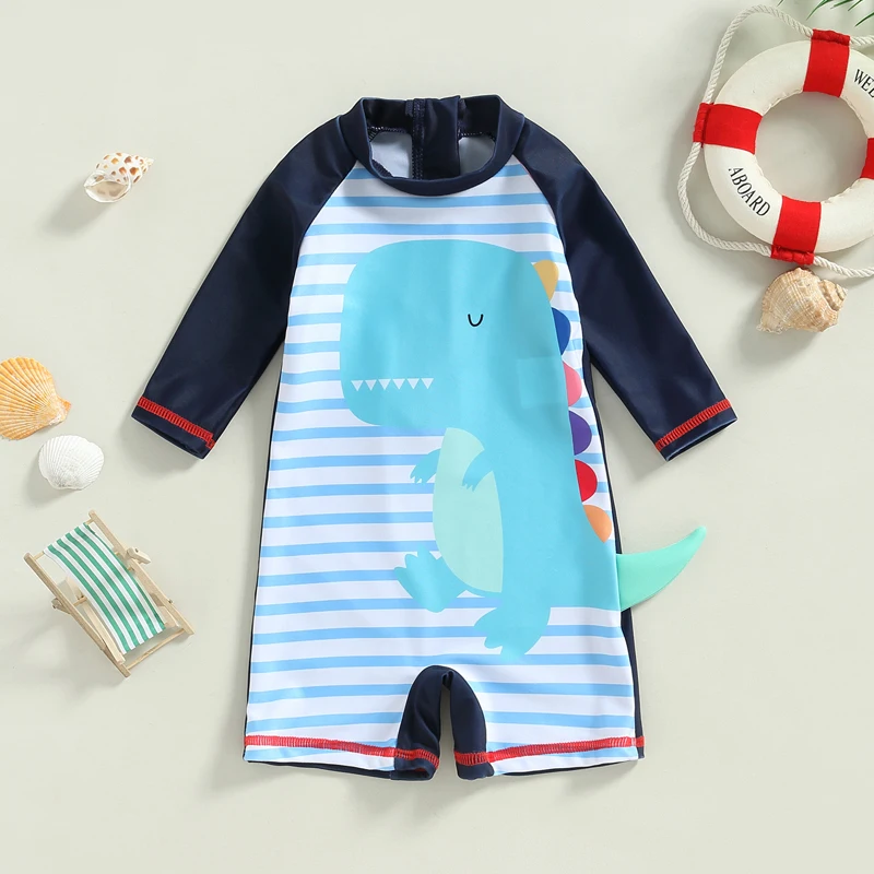 Kid Children Swimsuit 3/4 Sleeves Round Neck Cartoon Dinosaur Stripes Print Summer Beach Girls Boys