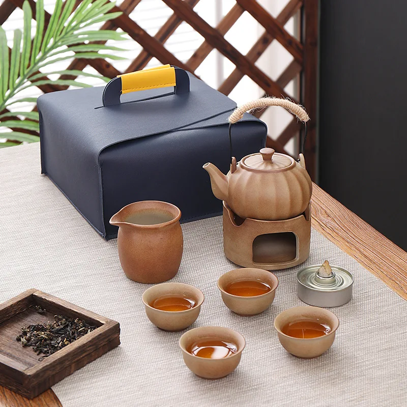 

Уличный подарочный набор в японском стиле, портативный Ретро чайник, дорожный китайский чайный сервиз Кунг-фу, чашка, спиртовая горелка