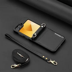 Crossbody Wallet Case with Card Holder and Hand Strap - Leather Cover for Samsung Galaxy Z Flip 5 (Black)