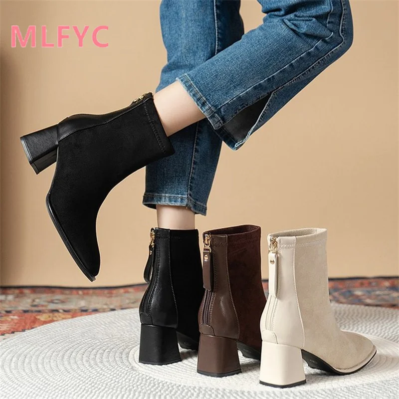 Women's French Mid Length Boots Women's Autumn and Winter New Frosted Thick Heels Retro High Heels Plush Short Boots