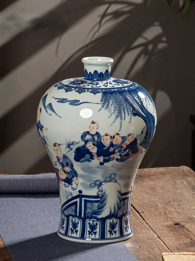 

Jingdezhen Vase Blue and White Porcelain Vase Chinese Style Plum Vase Flower Arrangement Antique Ceramics Living Room Decoration