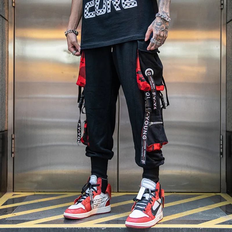 Hip Hop Joggers Men Letter Ribbons Cargo Pants Pockets Track Tactical Casual Techwear Trousers Sweatpants Streetwear,men trousers