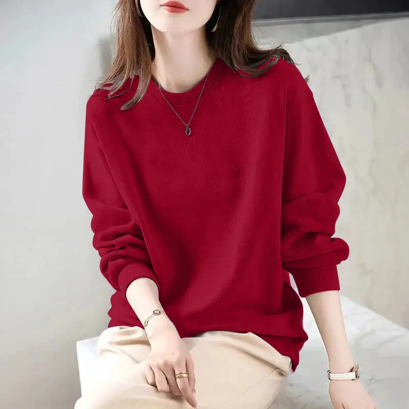 Spring Autumn Oversized Round Neck Solid Color Simple Sweatshirt Ladies Loose Casual Trend Fashion Pullovers Top Female Clothes