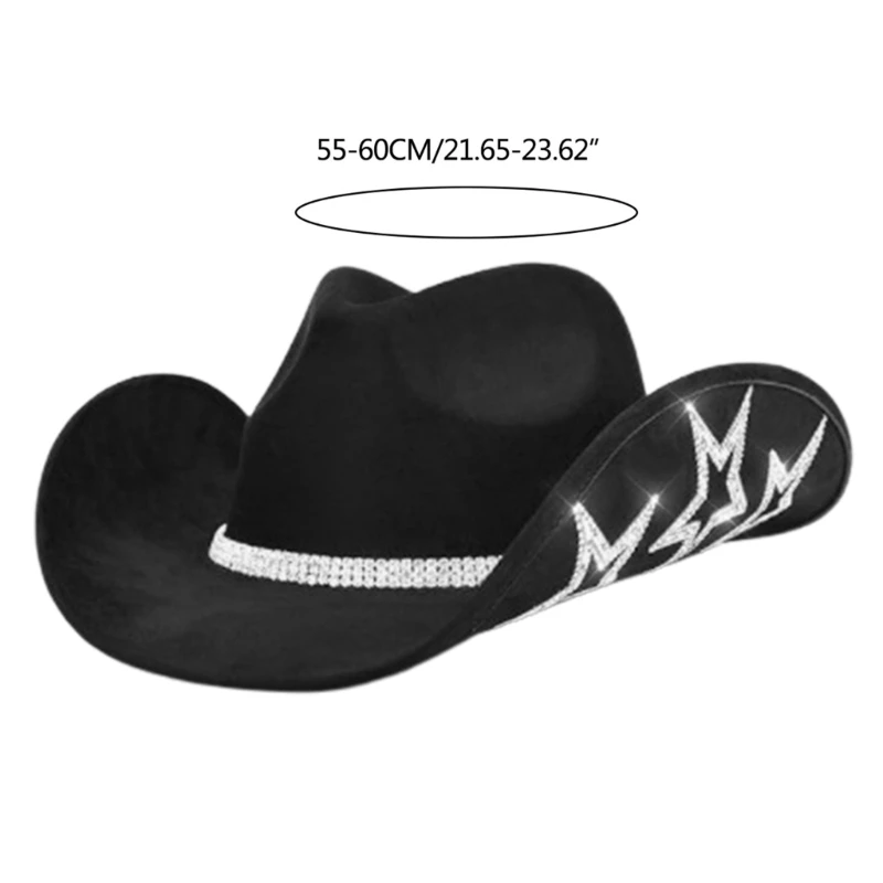 Stylish Rhinestone Star Pattern Cowgirl Cap Women Large Brim Western Felt Cowboy Hat for Stage Performance Club Dace Fedora Hat