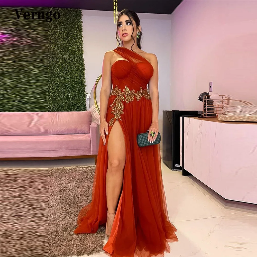 

Verngo Red A Line Tulle Long Evening Dresses One Shoulder Applique Beads Slit Sexy Prom Gowns Arabic Women Party Occasion Dress