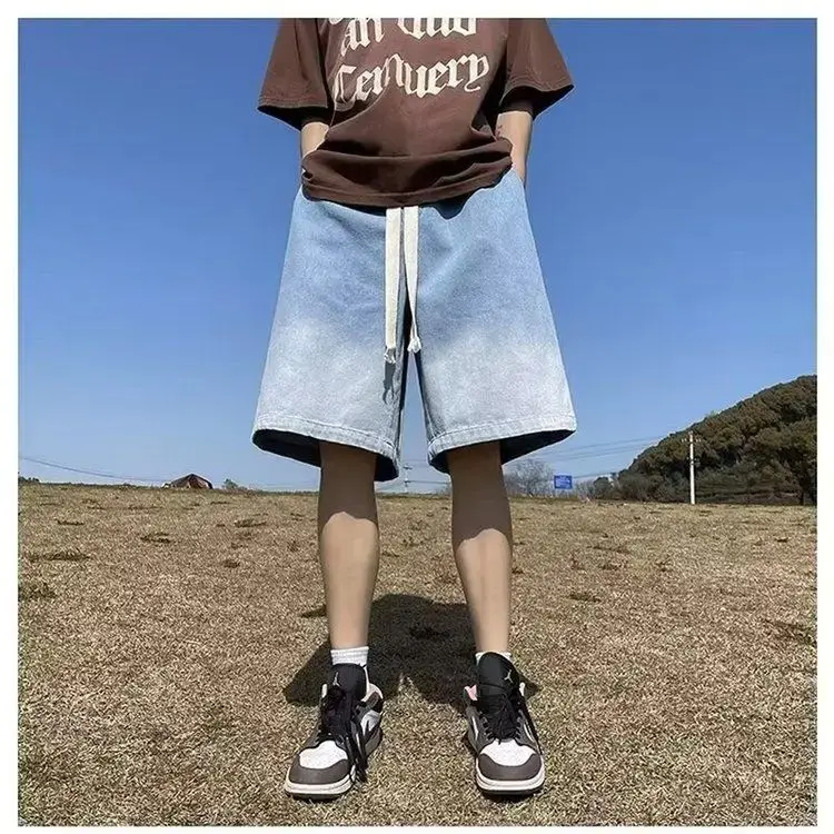 Retro Gradient Webbing Denim Shorts Men's Summer Thin Trend Loose Outwear Casual Five Points Pants Soft