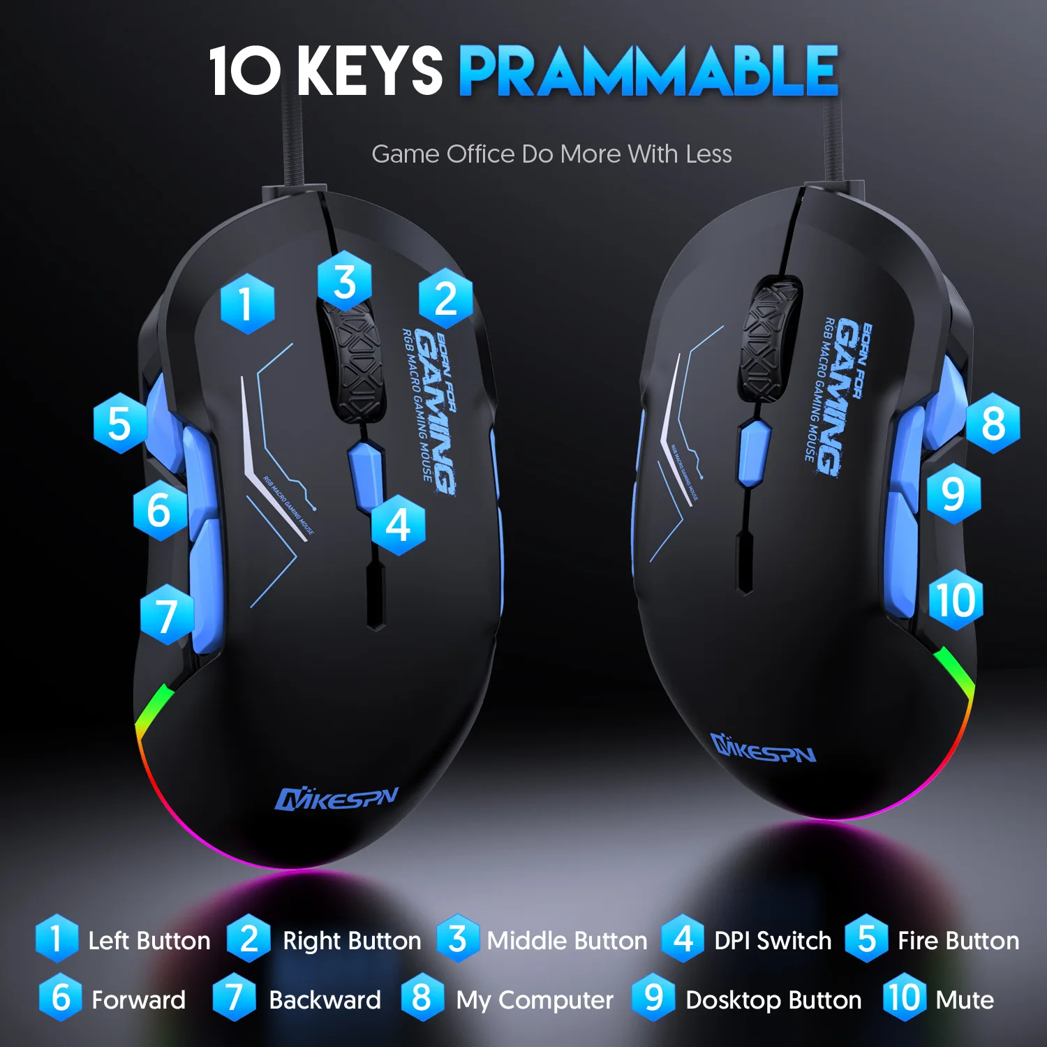 as Mãos, 10 Teclas Programáveis, Luz RGB, Max a 6 Níveis DPI, 12800DPI