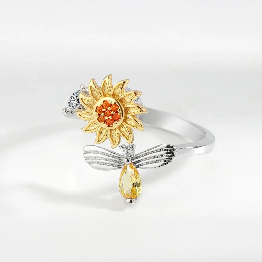 Versatile Flower Rotatable Cubic Zirconia Size Adjustable Rings For Women Gold Copper Metal Ring Party Jewelry 2
