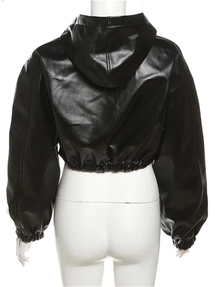 Fall Zipper Jackets For Women Loose Faux Pu Leather Crop Tops Jackets Coats Varsity Bomber Long Sleeve Hoodie Black Jackets 6