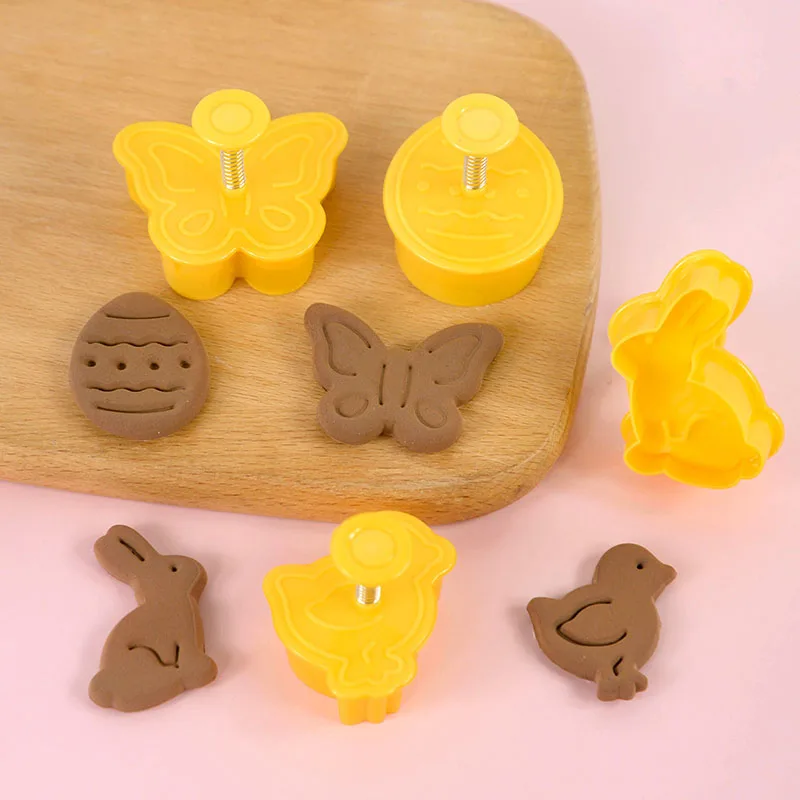4pcs Bunny Egg Rabbit Chick Easter Theme Plastic 3D Cookie Cutter Plunger Baking Mould Cookie Tools Pastry Cake Decorating Tools