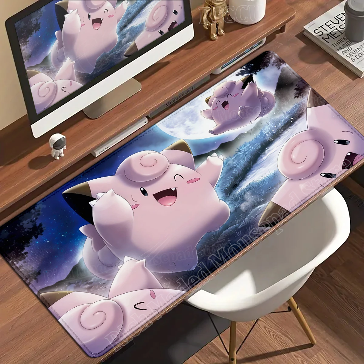 Kawaii Pink Anime Desk Mat with Clefairy & Jigglypuff Design