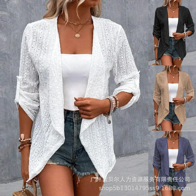 

Eyelet Embroidery Roll Up Sleeve Open Front Coat Women Loose Cardigan Fashion Solid Color