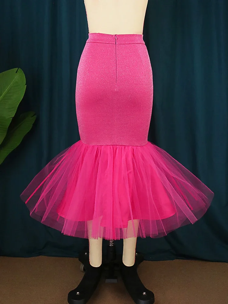 Fuchsia Mermaid Skirt Women Shimmer Fitted Tulle Ruffle Hem Flare