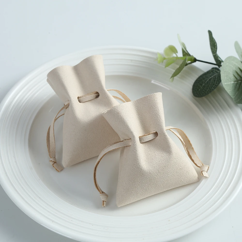 10Pcs Beige Jewelry Drawstring Bag Microfiber Fungus Open Style Pouch Portable Velvet Suede Wedding Candy DIY Gift Storage Sack