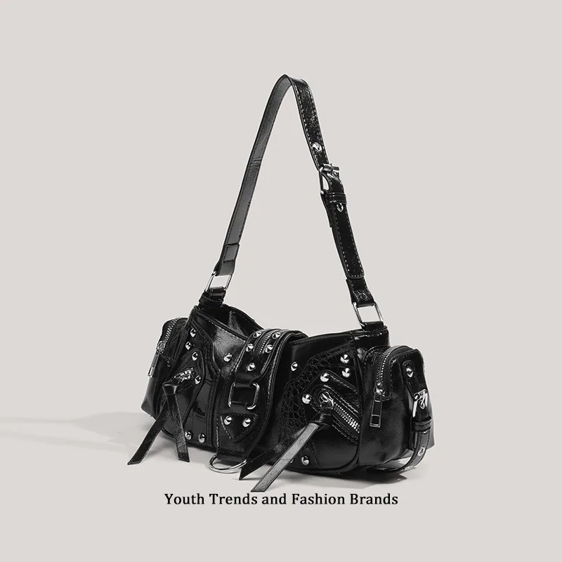 Oil Wax Leather Bag Vintage Rivet Underarm Bag Motorcycle Bag Cool For Elegant Outfits Daily Commute Casual Outings