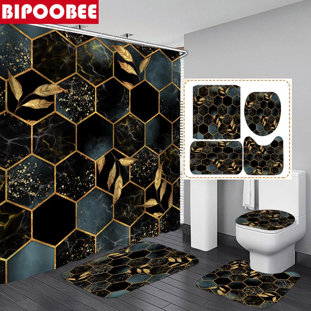 Chemicaliën Kostuums Wreed 180X180Cm Zwarte Goud Honingraat Marmeren Badkamer Douchegordijn Antislip  Tapijt Wc Deksel Cover Badmat base Tapijt Home Decor| | - AliExpress