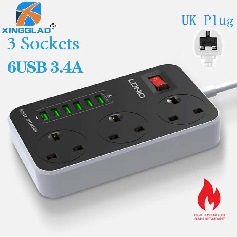 

UK/EU Plug 3 Way Power Strip Socket Adapter 6 USB 3.4A Fast Charging Port 2M Extension Cord Overload Protection For Home Office