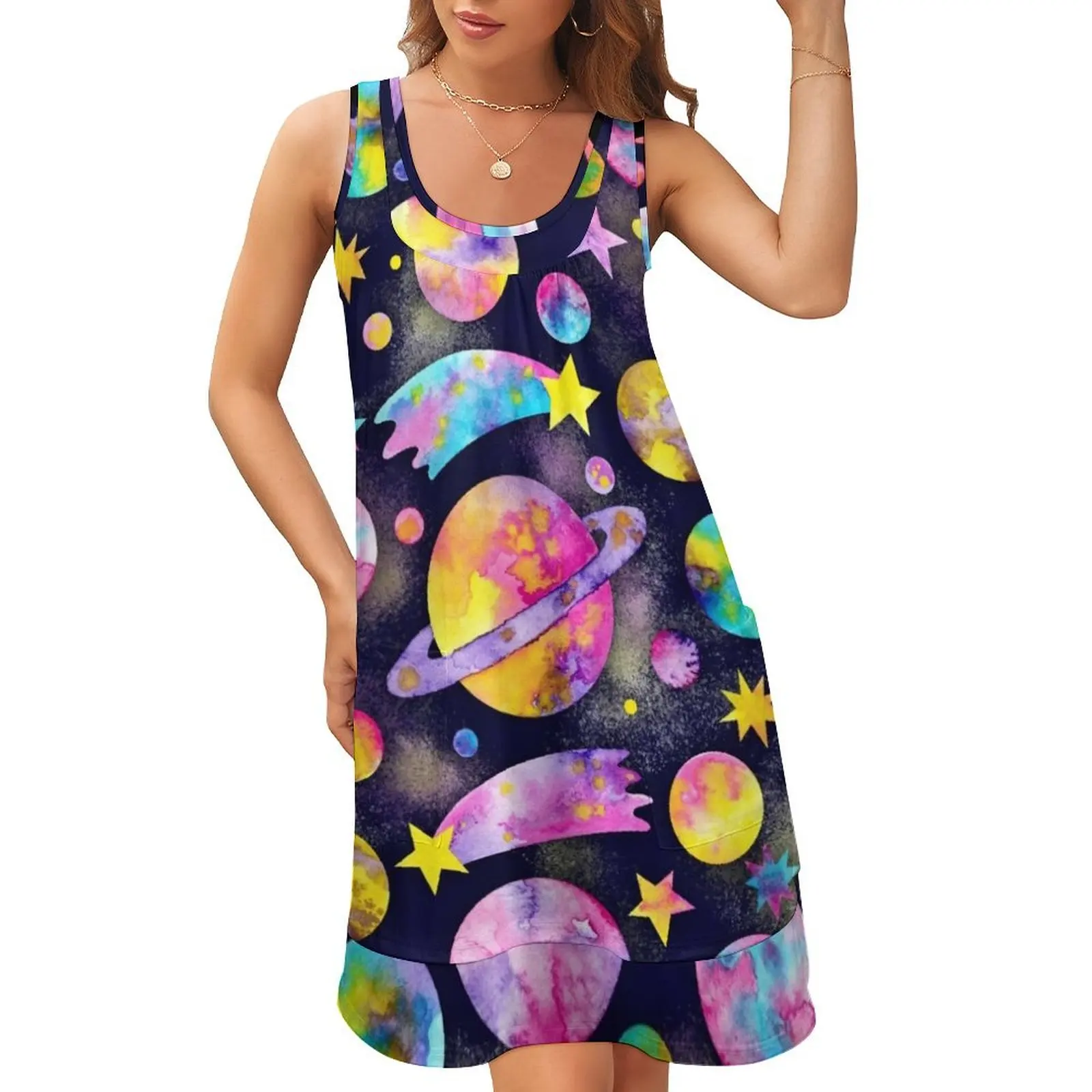 

Outer Space Watercolour Planets All Over Pattern Sleeveless U-Neck Fake Two Piece Dress Casual dresses dress party night