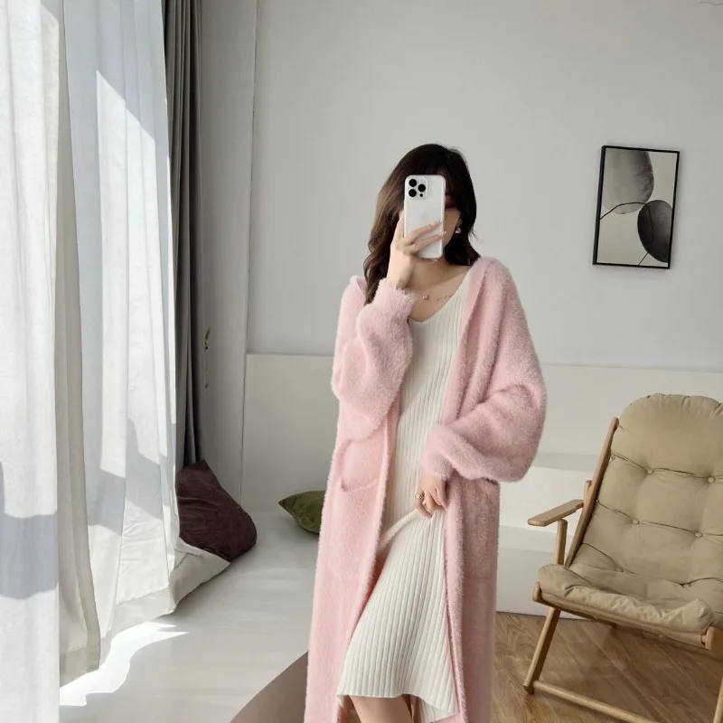 Thick hooded knitted cardigan jacket for knitted sweater autumn and winter women's gentle and lazy style knee length coat - Image 3