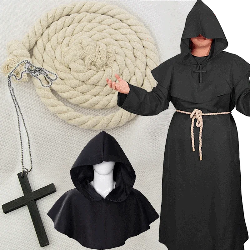 thumbnail image 4 of Capa con capucha de monje medieval, disfraz de hechicero, sacerdote, túnica de Halloween, capa de caballero mago, conjunto de accesorios de fiesta para adultos y adolescentes, 4 of 5