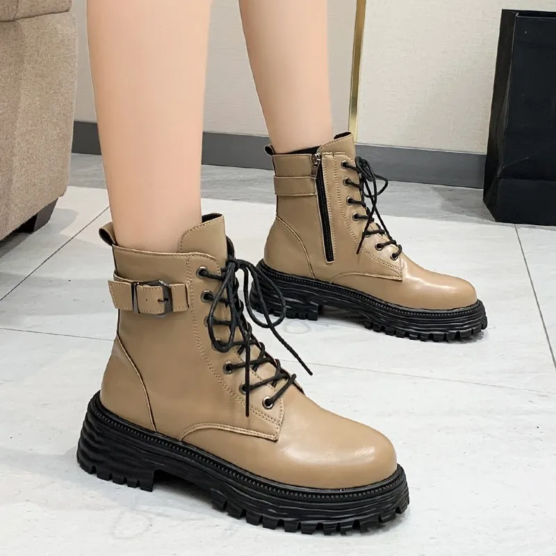 2023 New Shoes for Women Mid-Calf Lace-up Women's Boots Platform Fretwork Heels Winter Ladies Boots Round Toe Shoes Ladies