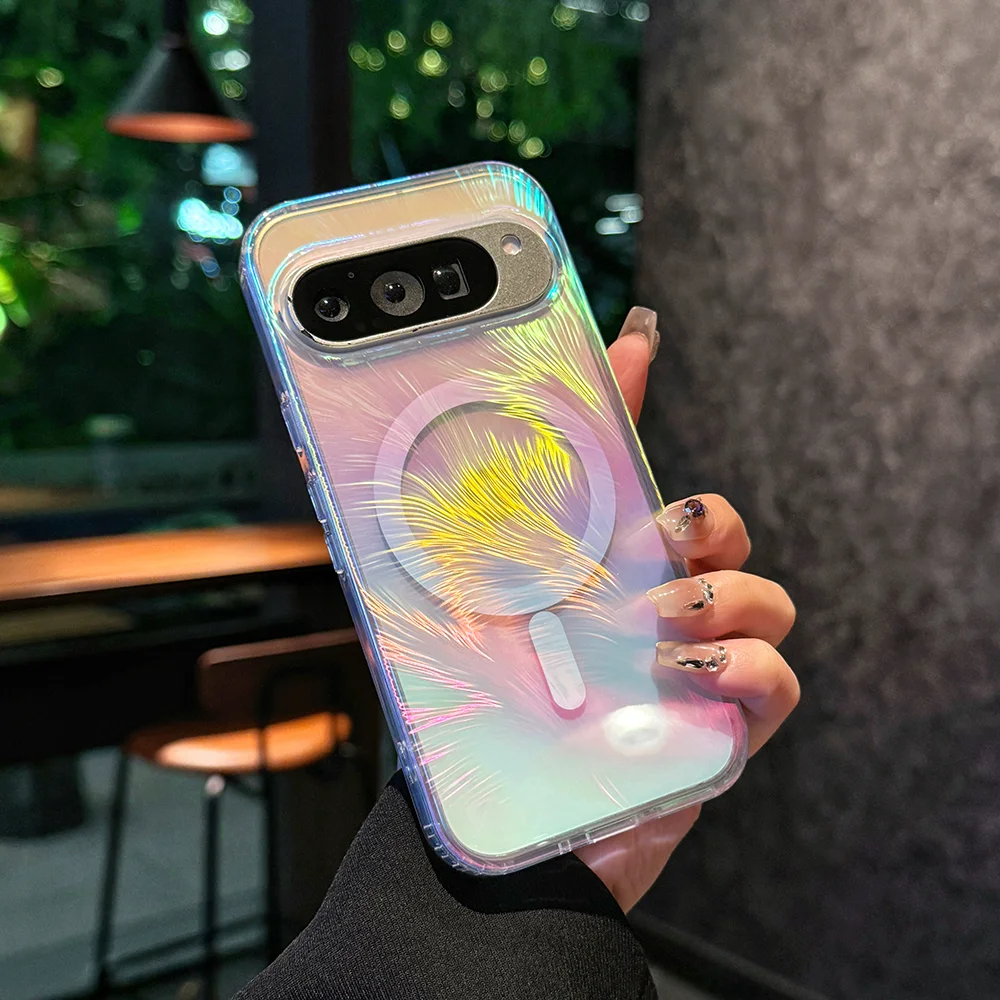 Gradient Laser Feather Pattern Magnetic Case with Magsafe Wireless Charging Capability and Colorful Design