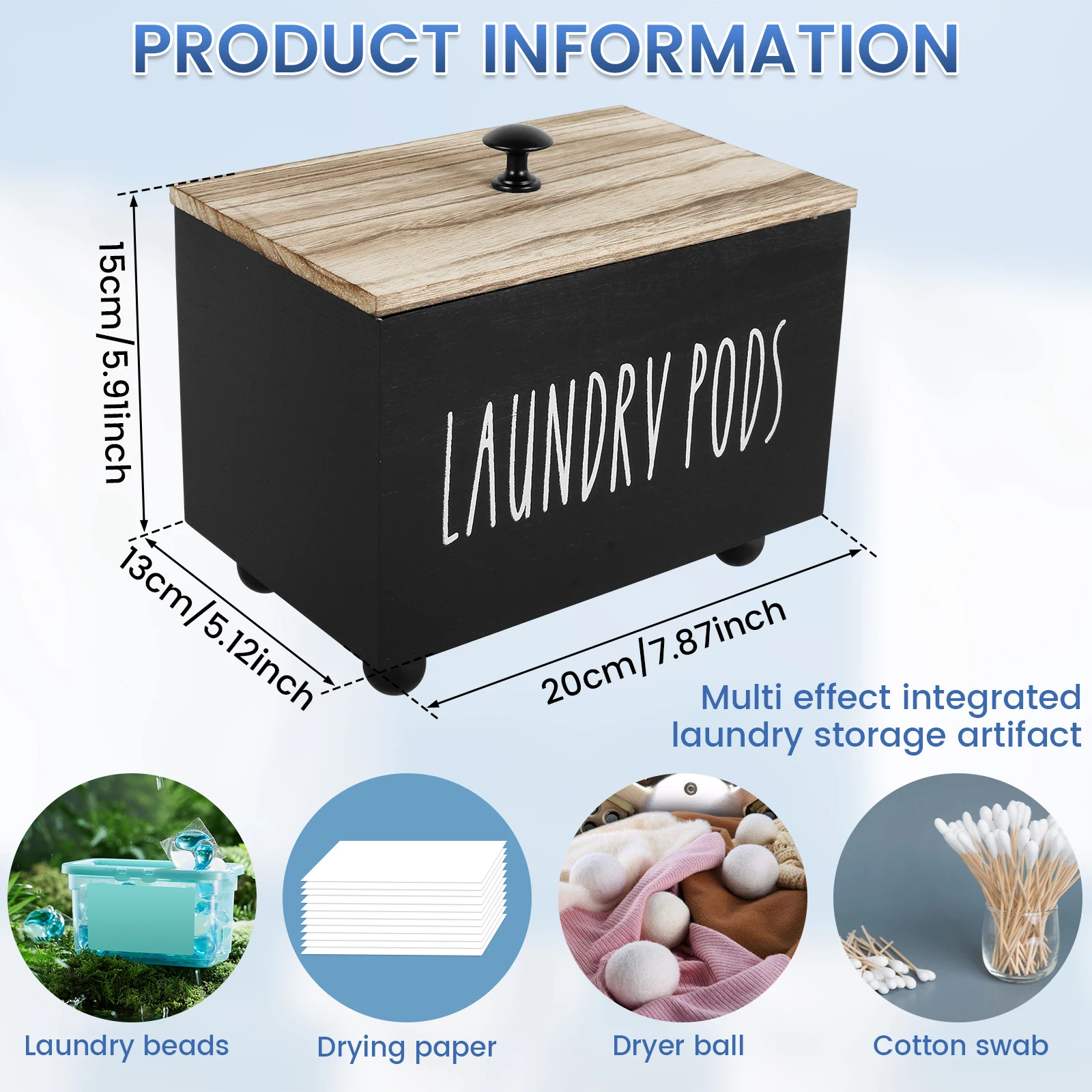 Description Picture 5 of itemLaundry Pods Container Wooden Dishwasher Storage Box Washing Capsules Holder with Lid Multipurpose Dryer Sheet Container