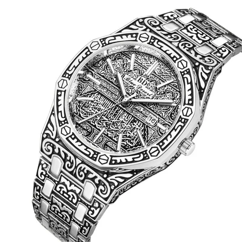 

New Business Men Steel Band Waterproof Large Dial Watch Retro Quartz Calendar Chronograph Military Hip Hop Bling Jewelry Gifts