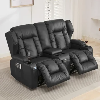 RV Loveseat Recliner Double Recliner Sofa & Console Wall Hugger Reclining RV Couch Furniture Home Theater Seating Black