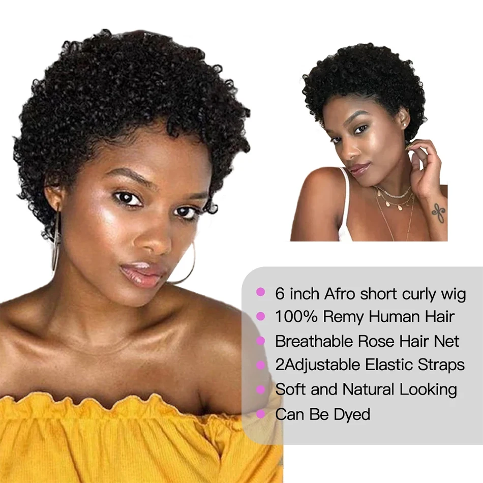 Short Afro Kinky Curly Pixie Cut Wigs For Women Human Hair Malaysian Remy  180% Density Human Hair Wigs Glueless Machine Made Wig