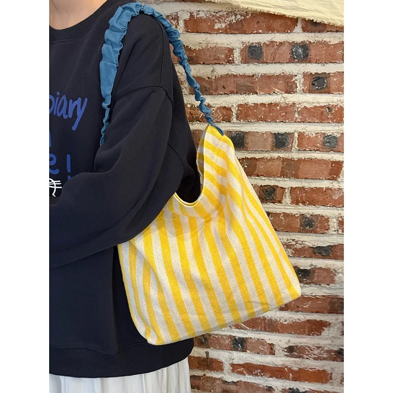 Niche Striped Canvas Bag For Women 2025 New Large Capacity Shoulder Bag Lazy Style Contrasting Color Artistic Handbag