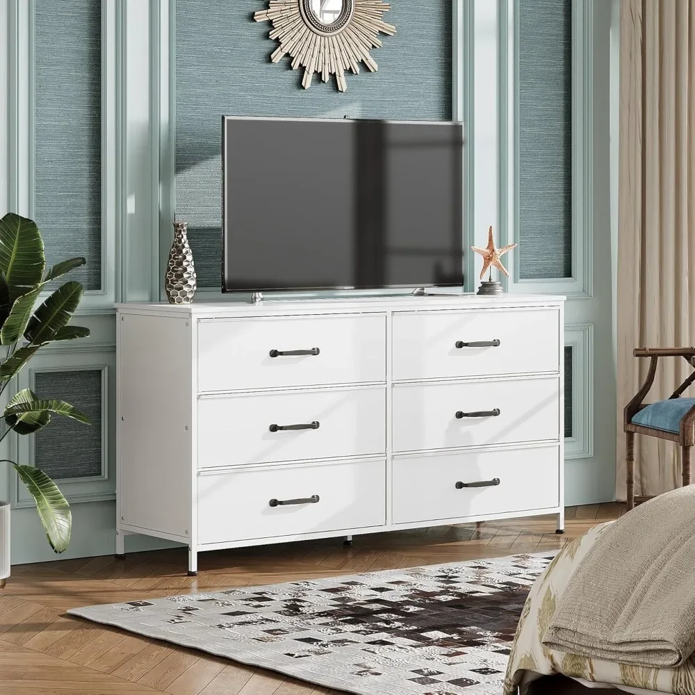 Wide Fabric Dresser, 6 Drawer TV Stand for 60" TV, Dressers Bedroom Furniture Large Storage Tower Unit with Fabric Bins 3