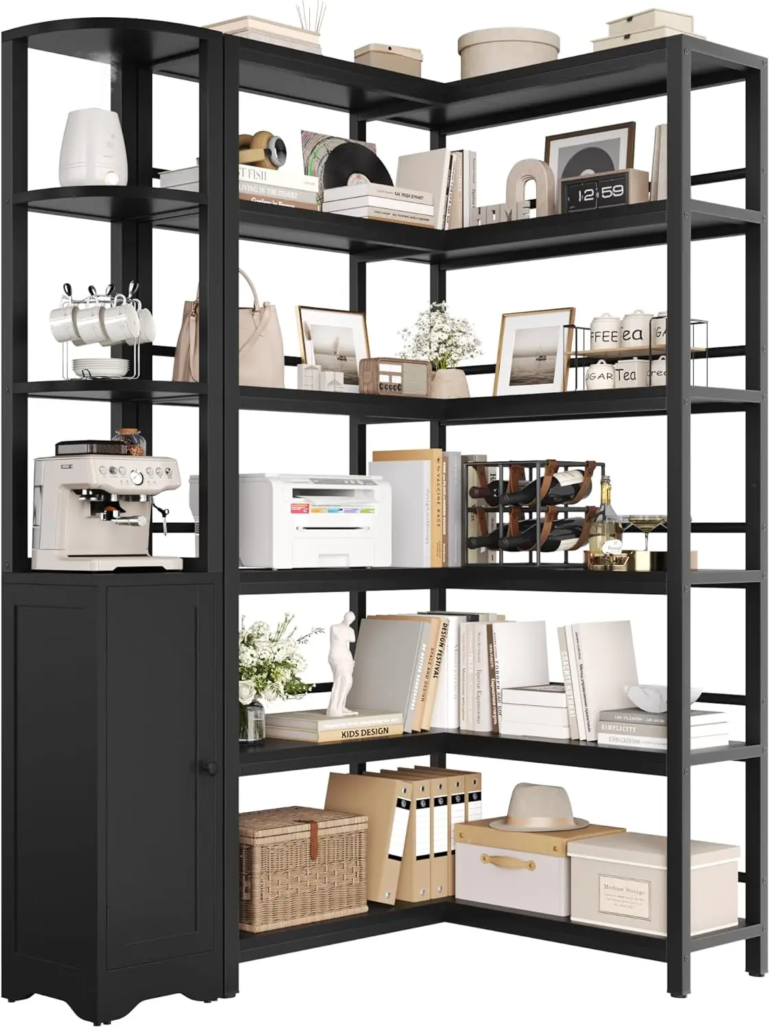 72" Tall Corner Book Shelves Cases 2 Pieces Open Bookcase Large Storage Display Shelf Standing 6 Tier Shelving Unit with Cabinet