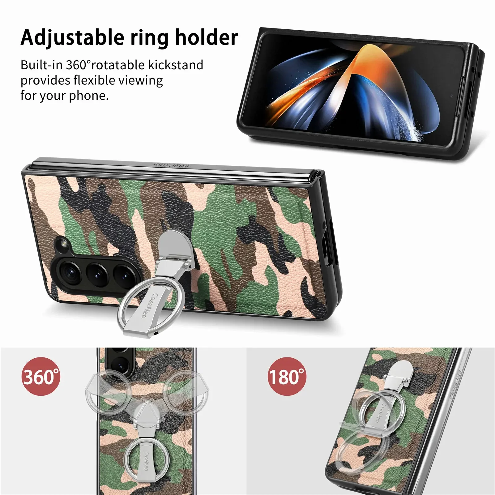 Ring Soft Leather Phone Case for Samsung Galaxy Z Fold 5 Fold5 Shockproof Fall Prevention Bracket Cover Galaxy Fold 5 Fold5