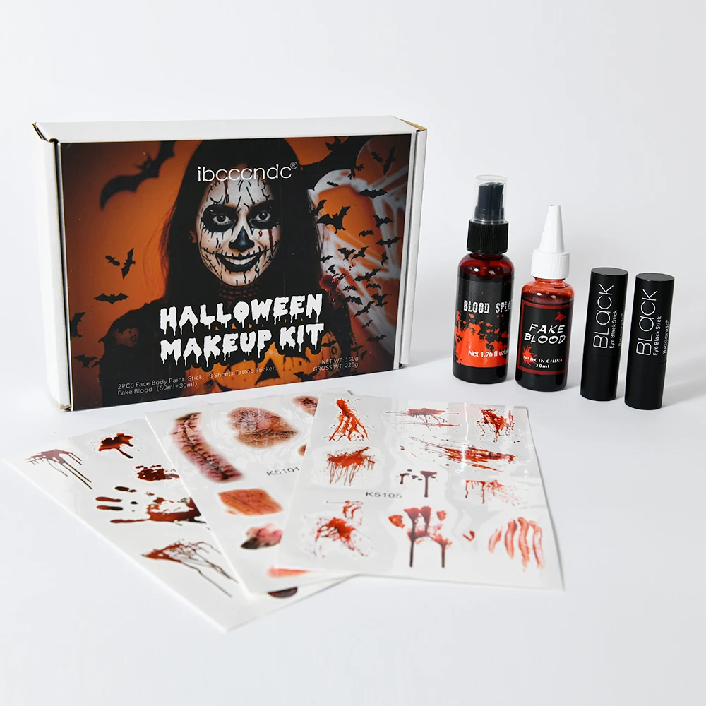 Halloween Fake Blood Makeup Kit Halloween Tattoo Stickers Wound Tattoo Stickers black lipstick white lipstick Halloween Makeup 4