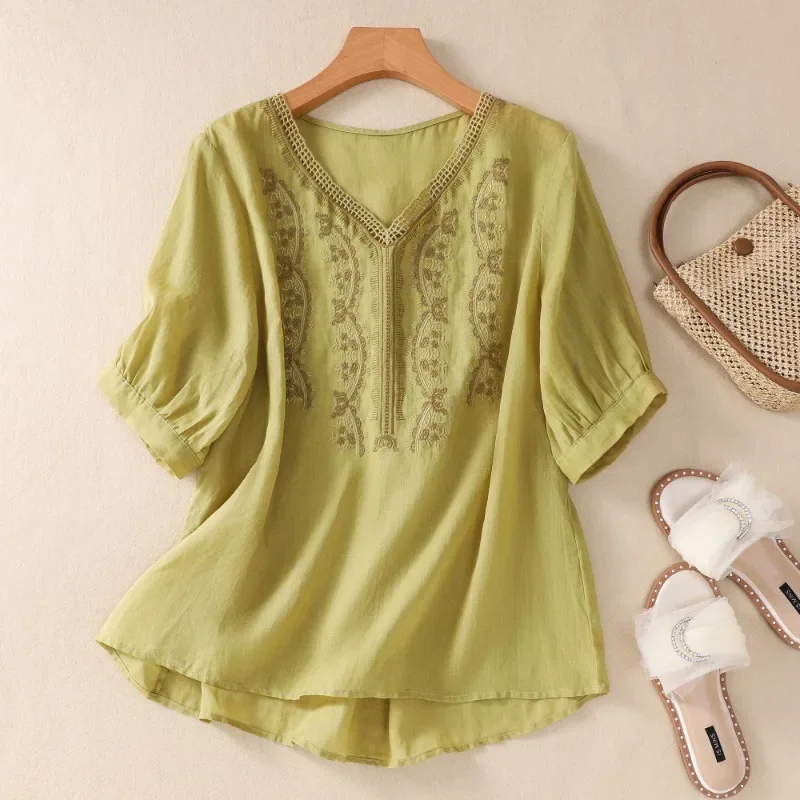 Cotton Linen Chinese Style Women's Shirt Summer Embroidery Vintage Blouses Loose Women Tops Short Sleeve Clothing 2024 Korean