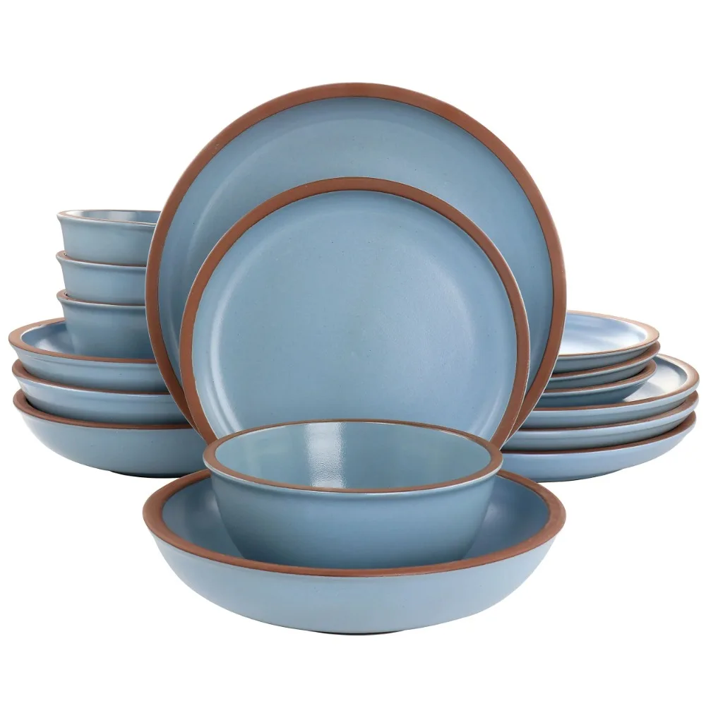 

Lagos 16 Piece Terracotta Double Bowl Dinnerware Set in Solid Matte Blue Matte Finish Microwave and Dishwasher Safe