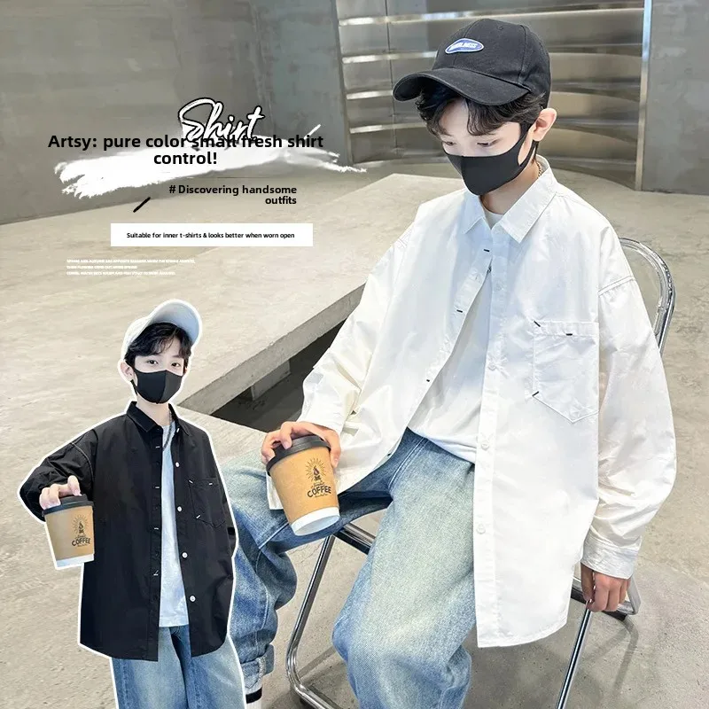White Long Sleeve Shirt for Boys Spring Autumn Style Children's Clothing Trendy And Handsome Boy's Fall Fashion