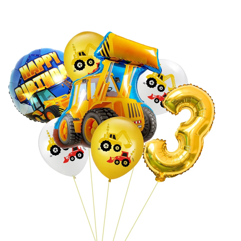 1set Construction Bulldozer Series Disposable Tableware Paper Cups Plates Truck Balloons For Boy's Birthday DIY Party Decoration 