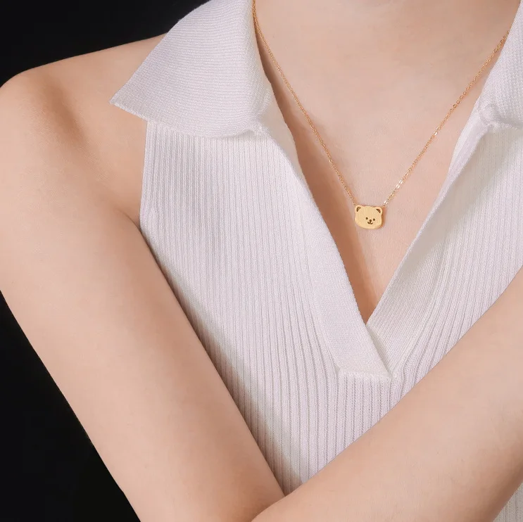 Korean Arts Mist Face Bear Matte Necklace Collar Chain Girl Gift Titanium Steel 18K Gold Plated