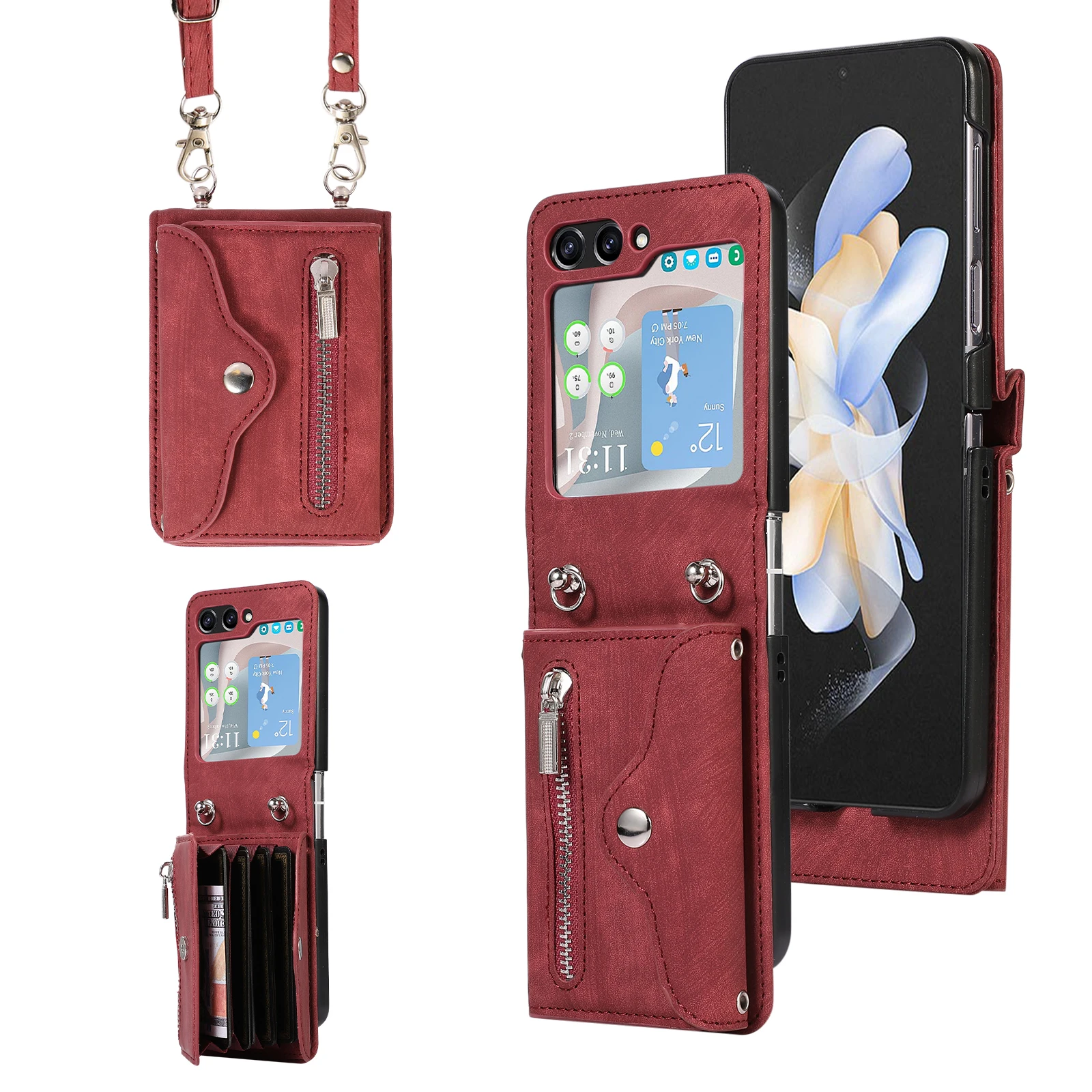 

Кожаный чехол-кошелек через плечо с длинным ремешком для Samsung Flip5 Flip4 Flip3 Galaxy Z Flip 5 4 3, держатель для карт, кошелек, чехол для телефона, сумка