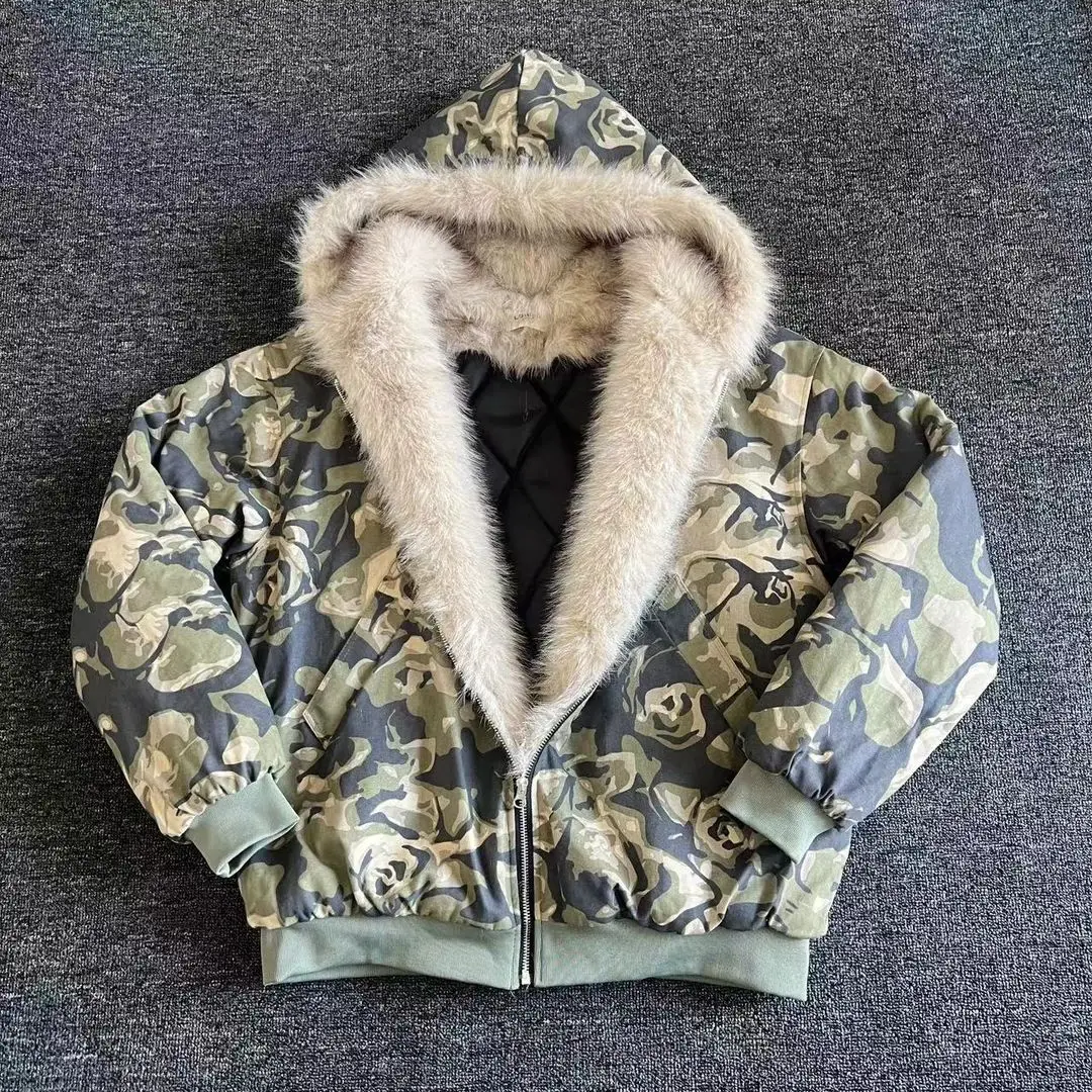 American Camouflage Fur Collar Thickened Jacket Cotton Streetwear Retro Trend Men's Loose Hooded Coats Thickened Warm Jacket 4