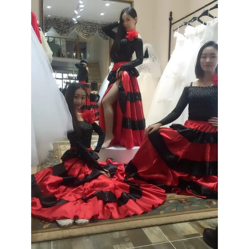 Spanish Bull Dance Skirt Belly Dance Flamenco Dress Skirt Opening Large Swing Performance Dress Women Flamenco Dresses Social Dance Skirt