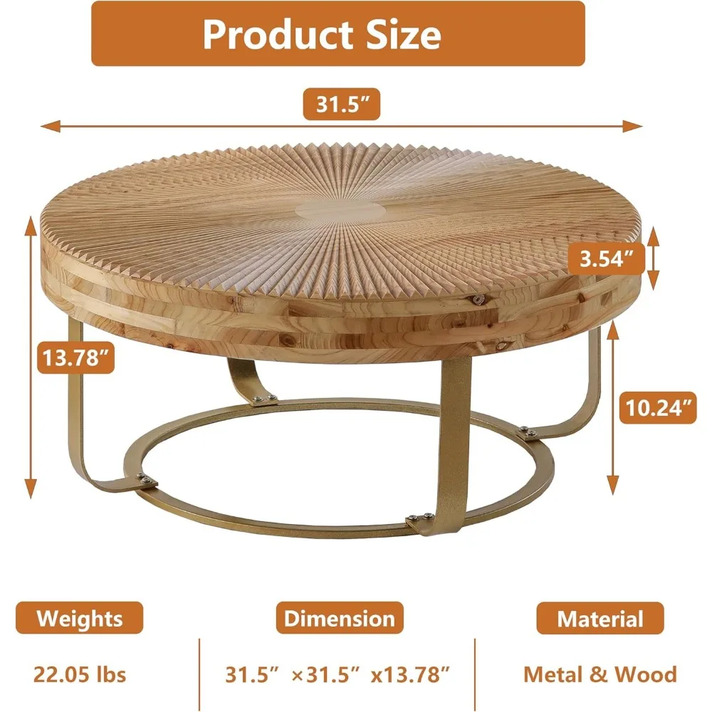 31.5 "Modern Circular Coffee Table with Handmade Wooden Radial Pattern, Cedar Tabletop, Gold Cross Legged Base 6