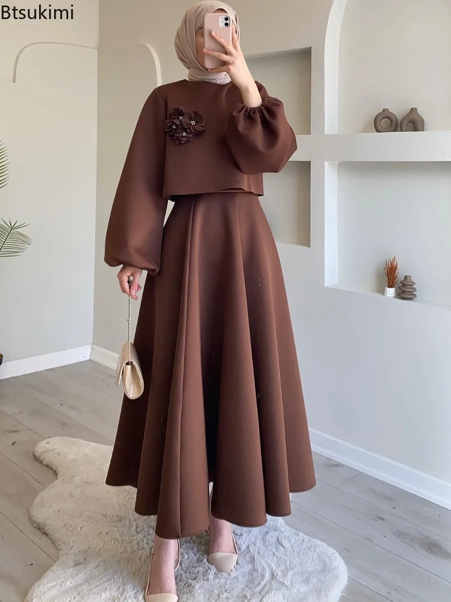 

Elegant Ladies Dress 2 Pieces Flower Three-Dimensional Decoration Lantern Sleeve Tops A-line Skirt Suit Muslim Abaya Turkey Sets