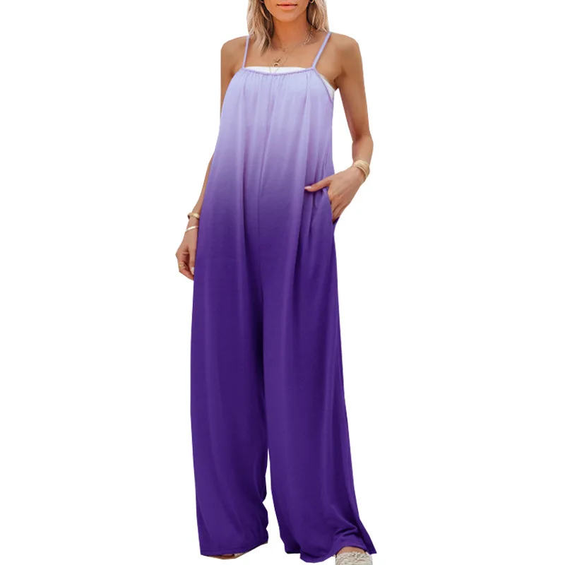 2023 Summer New Women's Jumpsuit Fashion Loose Color Gradient Wide Leg Pants Casual Sleeveless High Waistband Jumpsuit Overalls