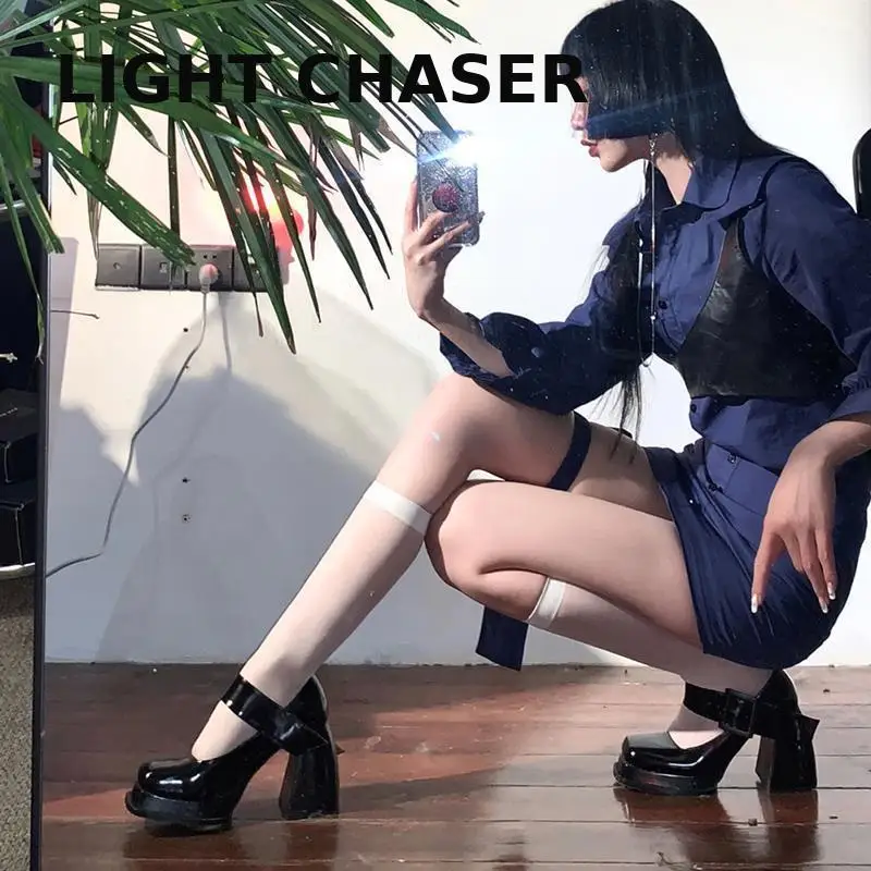 Women Mary Jane Square Toe High Heels Women's Pumps Thick Platform Lolita Females Shoes Ankle Warp Vintage Party Punk Black 43