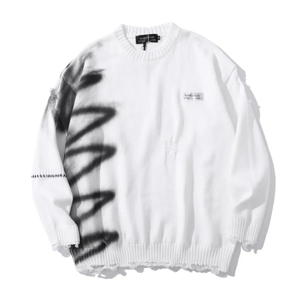 American High Street Design Graffiti Round Neck Sweater Men's Ins Brand Retro Lazy Wind Hole Sweater Street Trend Loose Pullover 3