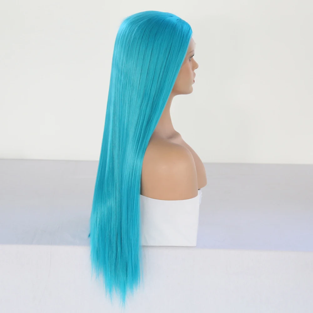 Lake Blue Synthetic Hair Lace Front Wigs Women Daily Wear Blue Wig Glueless Heat Resistant Fiber Long Straight Hair Cosplay
